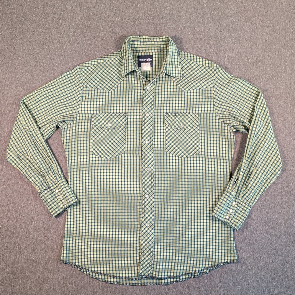 VINTAGE Wrangler LS Mens Large Green Yellow Blue Plaid Check Pearl Snap Western